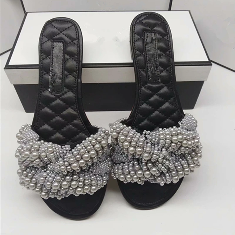 Hanbaidi 2018 Pearl Bead Slipper Woman Peep Toe Handwork Flat Gladiator Sandals Women Fashion Casual Shoes Summer | Обувь