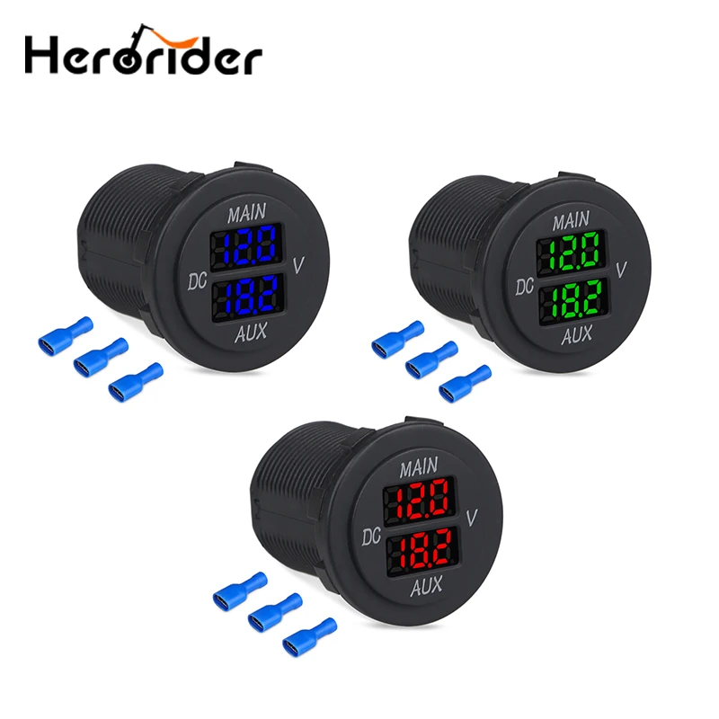 

10-24V Car Boat Motorcycle LED Digital Dual Voltmeter AUX Main Voltage Gauge Battery Monitor Panel Auto Round Voltmeter Tester