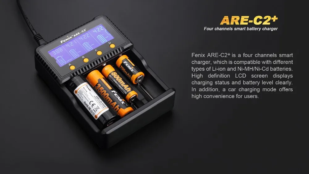 Оригинальное умное зарядное устройство Fenix ARE-C2 Plus для литий-ионных NiMH Nicd RCR123 18650