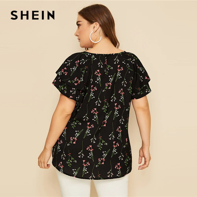 SHEIN размера плюс колье на шее многослойное платье с оборками на рукавах, ботанический Блуза Топ Для женщин летние Повседневное Цветочный принт вырезами блузки