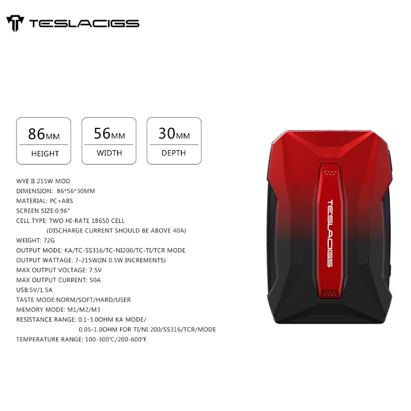 Оригинальный Teslacigs Tesla Wye II 215 W коробка мод питание от Двойной 18650 супер легкий Vape VS