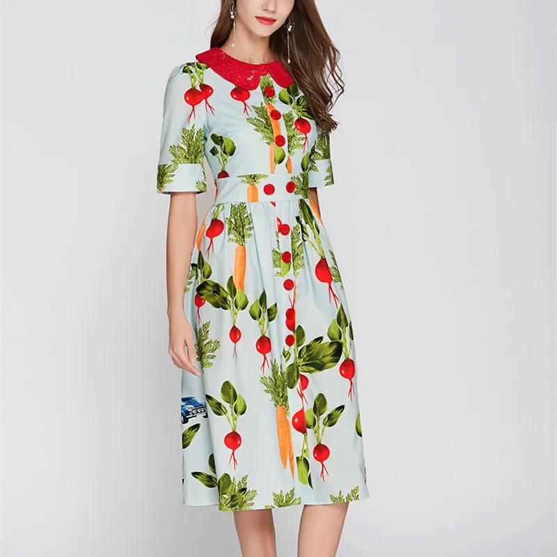 BLLOCUE High Quality Fashion Designer Runway Dress 2020 Summer Women's Short Sleeve Turn-Down Collar Printed Lace | Женская одежда
