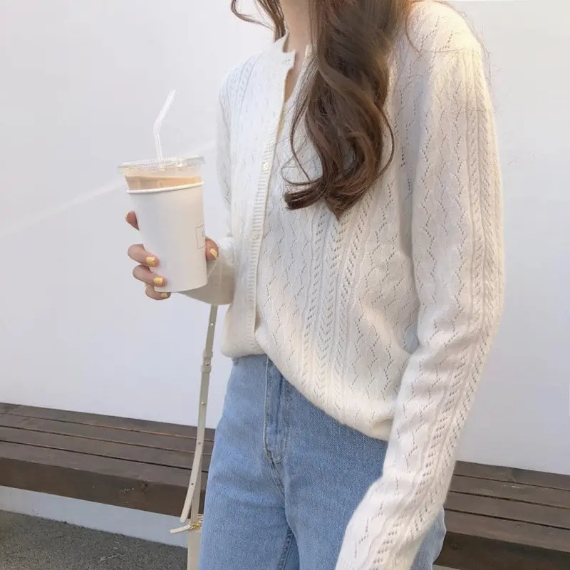 

HziriP New 2019 Casual Autumn Chic Cardigans Soft Simple Thin Hollow Out O-Neck High Quality Knitted Brief Loose Short Sweaters