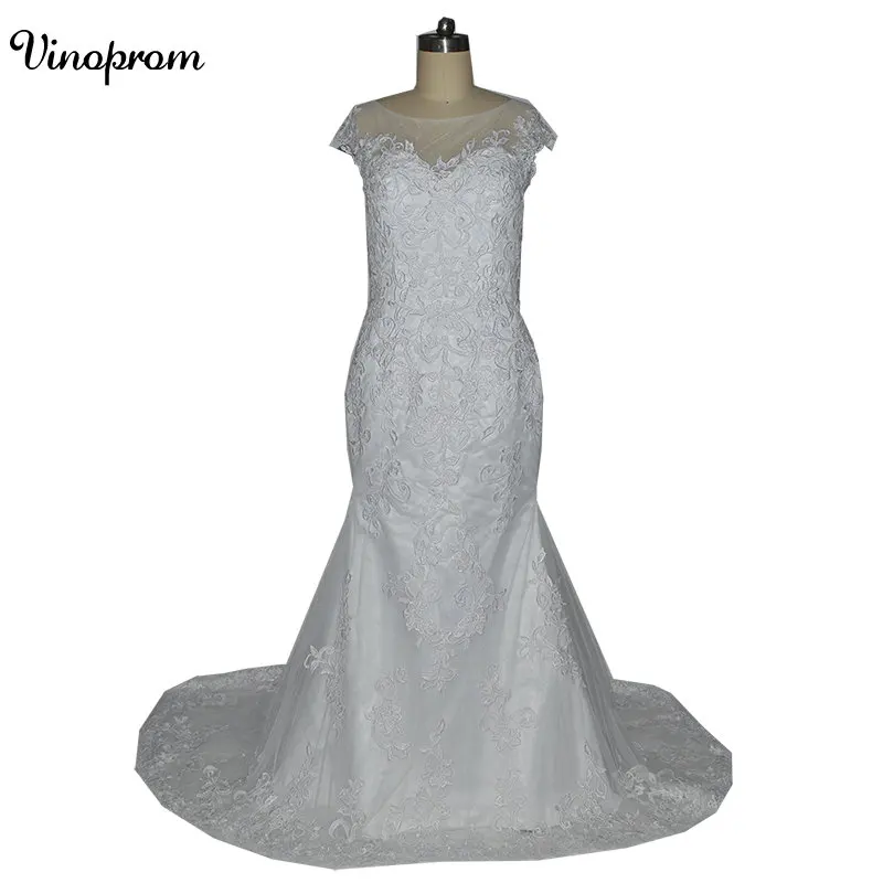 

Cheap Beach Scoop Sexy Beading Mermaid Cap Sleeves Lace Plus Size Wedding Dresses Long Wedding Guest Gowns Maid Of Honor Dress