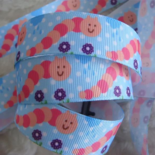 5 Yard 22mm 7/8&quot Grosgrain Ribbon Printed Caterpillars Flower Dot Blue Bottom DIY Hairbow 1570 Gift Wrapping Craft | Дом и сад