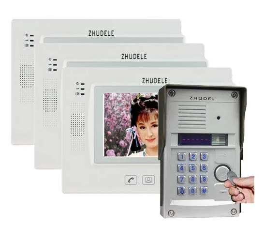 

ZHUDELE7 "сенсорный ключ ЖК-видео домофон HD IR камера пароль/ID карта разблокировка, поддержка ip-камеры 1 камера + 3 Монитора