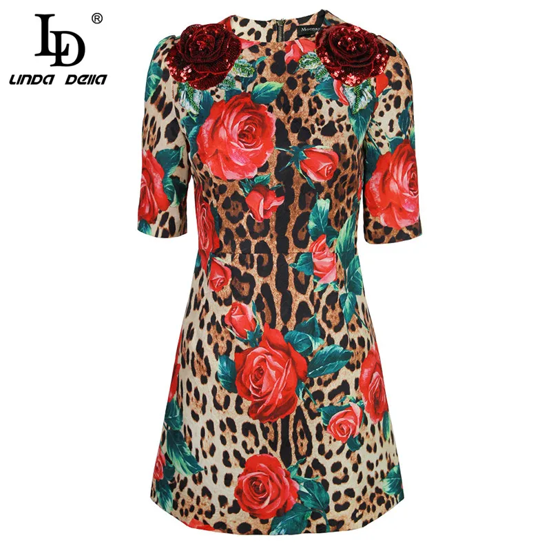 LD LINDA DELLA Fashion Runway Summer Dress Women's Half Sleeve Sequin Floral Leopard Print Sexy Elegant Short vestido | Женская