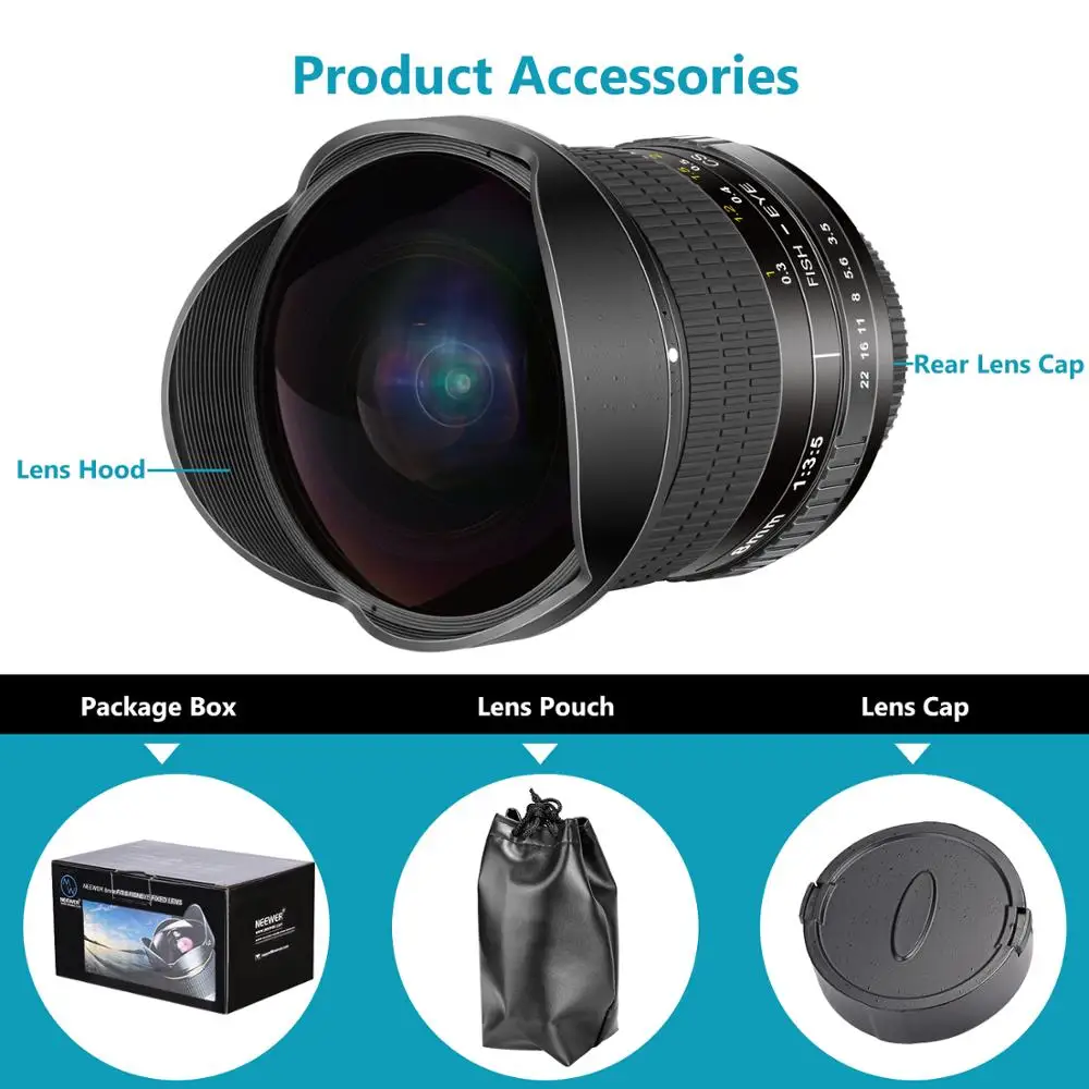 Асферический HD объектив рыбий глаз Neewer Pro 8 мм f/3,5 для Nikon D5, D4s, D4, D3x, Df, D850, D810, D750, D610, D500, D7500, D7200, D7100, D5600
