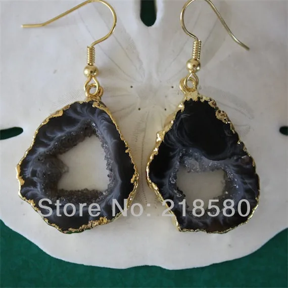 

H-QE07 5pairs/lot Black Agat Slice Geode Druzy Earrings 24k Gold Color