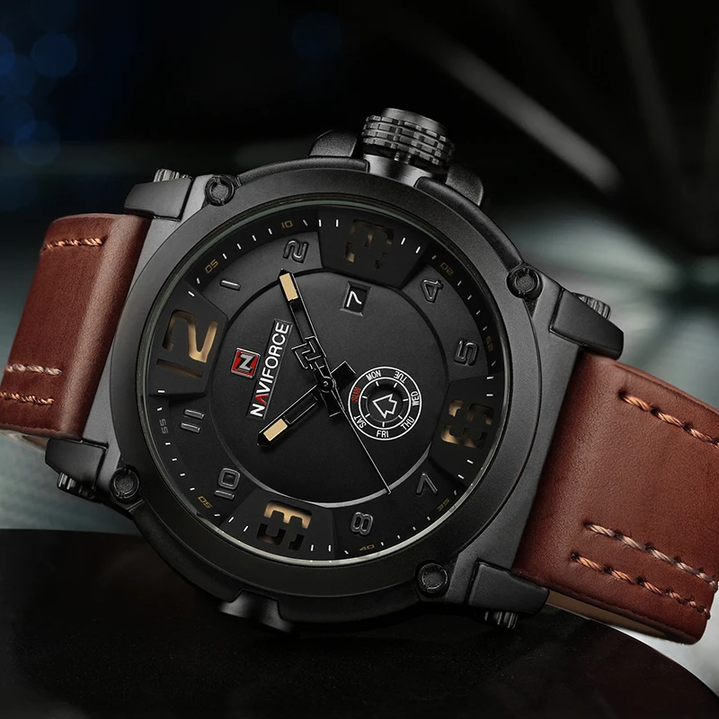Часы NAVIFORCE мужские спортивные кварцевые с кожаным ремешком водонепроницаемые