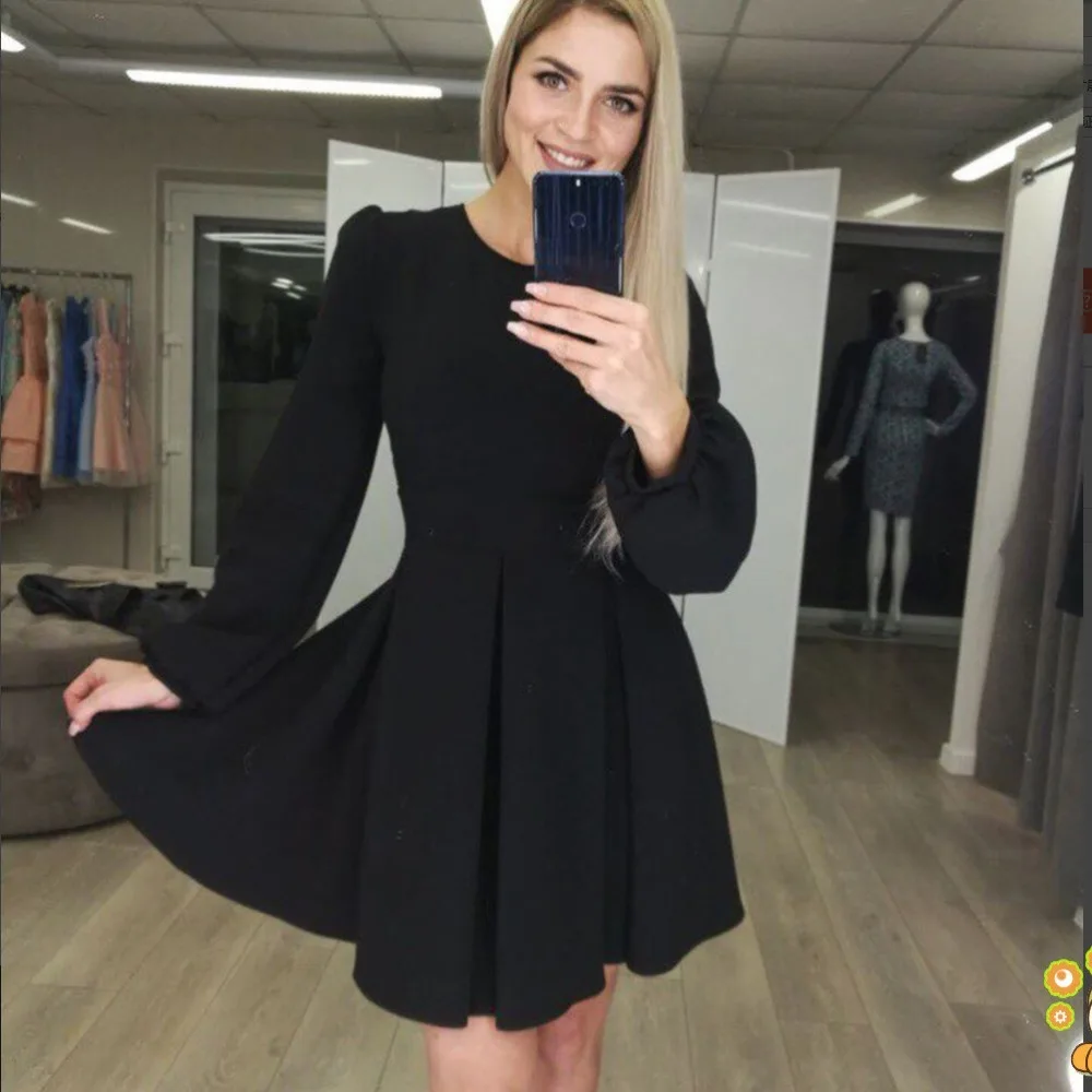 Женское винтажное платье BornToGirl с длинным рукавом и круглым вырезом цвет черный