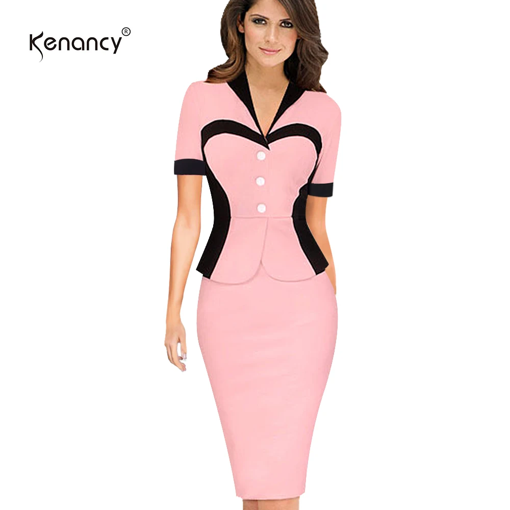 pink Kenancy 3XL размера плюс искусственный Твинсет Платье женское с цветными блоками короткий рукав облегающее до колена карандаш офисное платье Vestidos тонкий - Цвет: pink