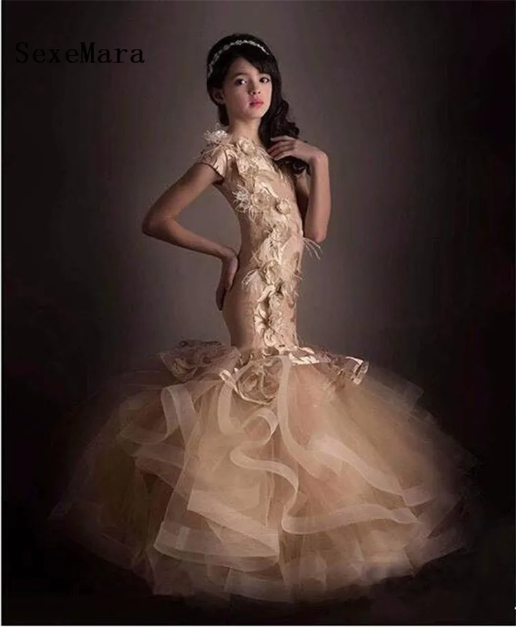 Роскошные Шампанское Meramid платье с цветочным узором для девочек свадьбы перьями