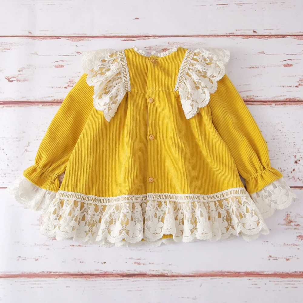 MyLittleOne 2019 Fall Kids Frock Designs Sweet Yellow Lace Corduroy Baby Girl dress | Детская одежда и обувь