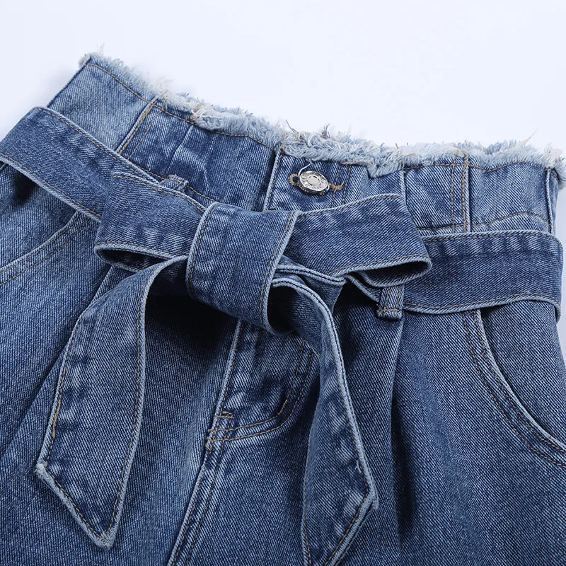 

2018 Spring Autumn Wide Leg Distressed Loose Leisure Bow Jeans Women Vintage Ankle Length Denim Jeans Plus Size