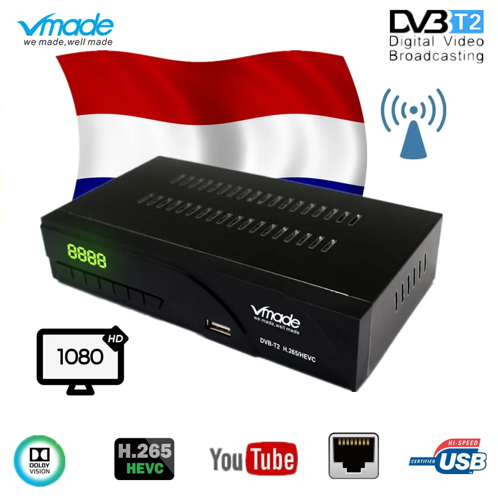 Лидер продаж Нидерланды HD 1080P DVB T2 Tv тюнер Dvb H.265 ТВ-приставка спутниковый ресивер с