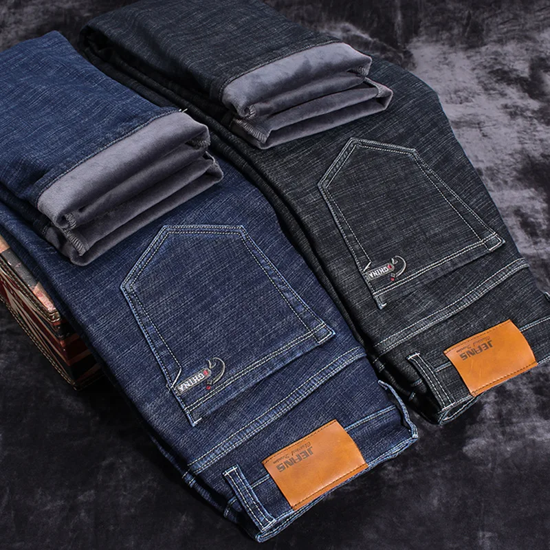 Новинка 2018 зимние мужские джинсы на флисе повседневные эластичные прямые
