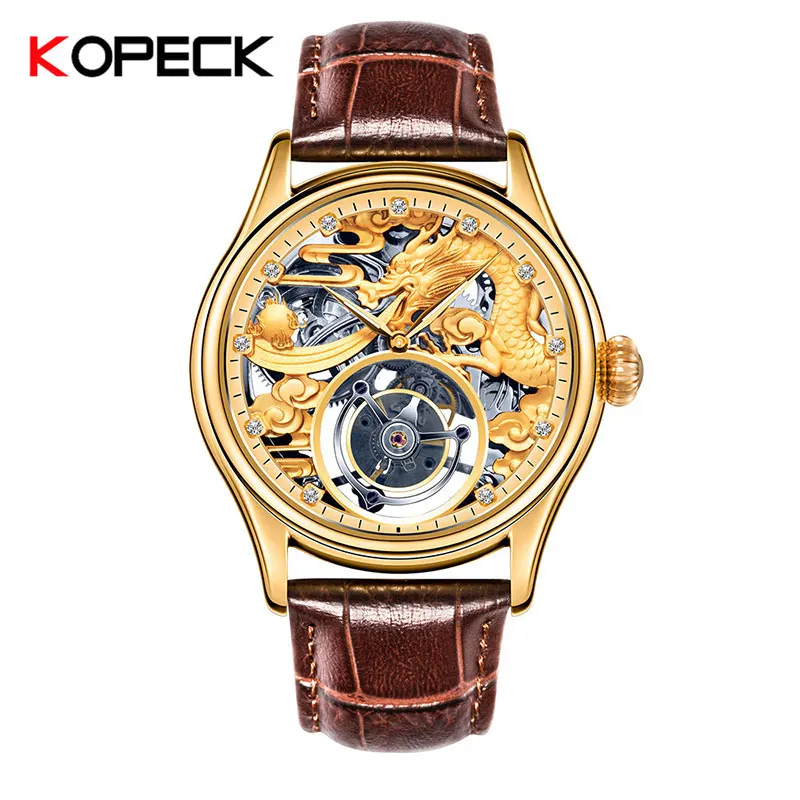 Dragon Tourbillon Механические Мужские t мужские высококачественные индивидуальные механические кожаные часы оригинальные полые Relojes Hombre - Цвет: Золотой