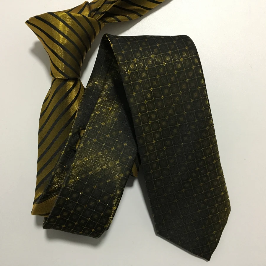 

Designer's Skinny Tie Gentlemen Unique Panel Necktie Golden with Black Stripes Plaids Free Shipping