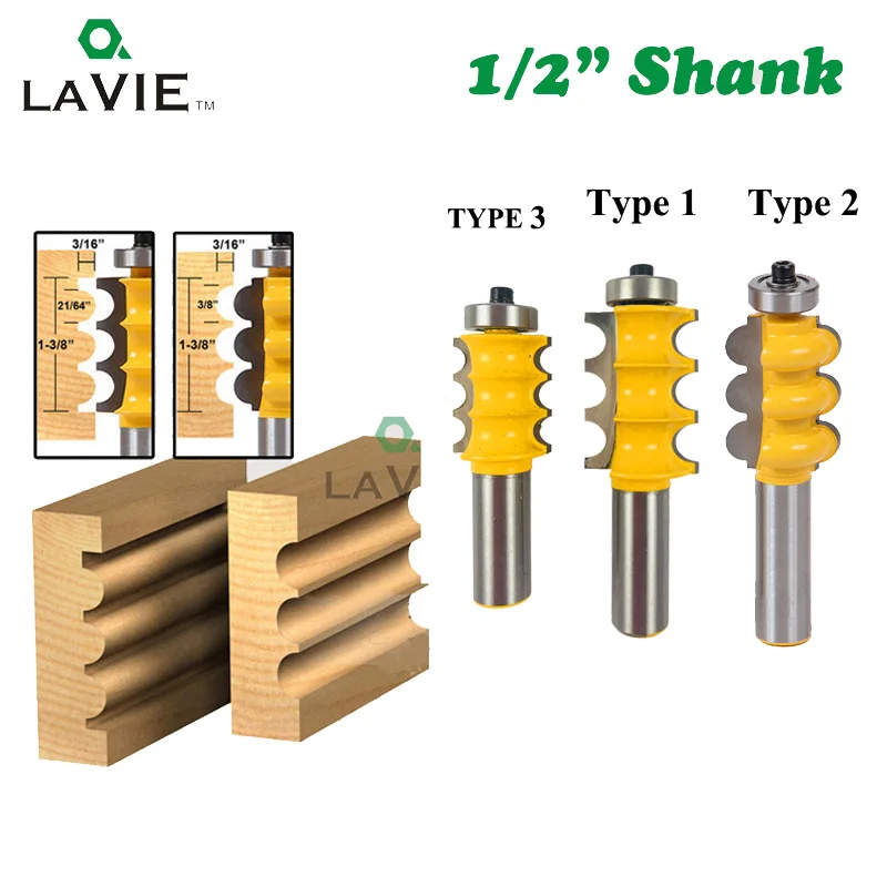 1pc 12mm 1/2 Shank Triple Flute Bead Column Molding Router Bit Line Knife Tenon Woodworking Milling Cutter Tools for Wood 03058