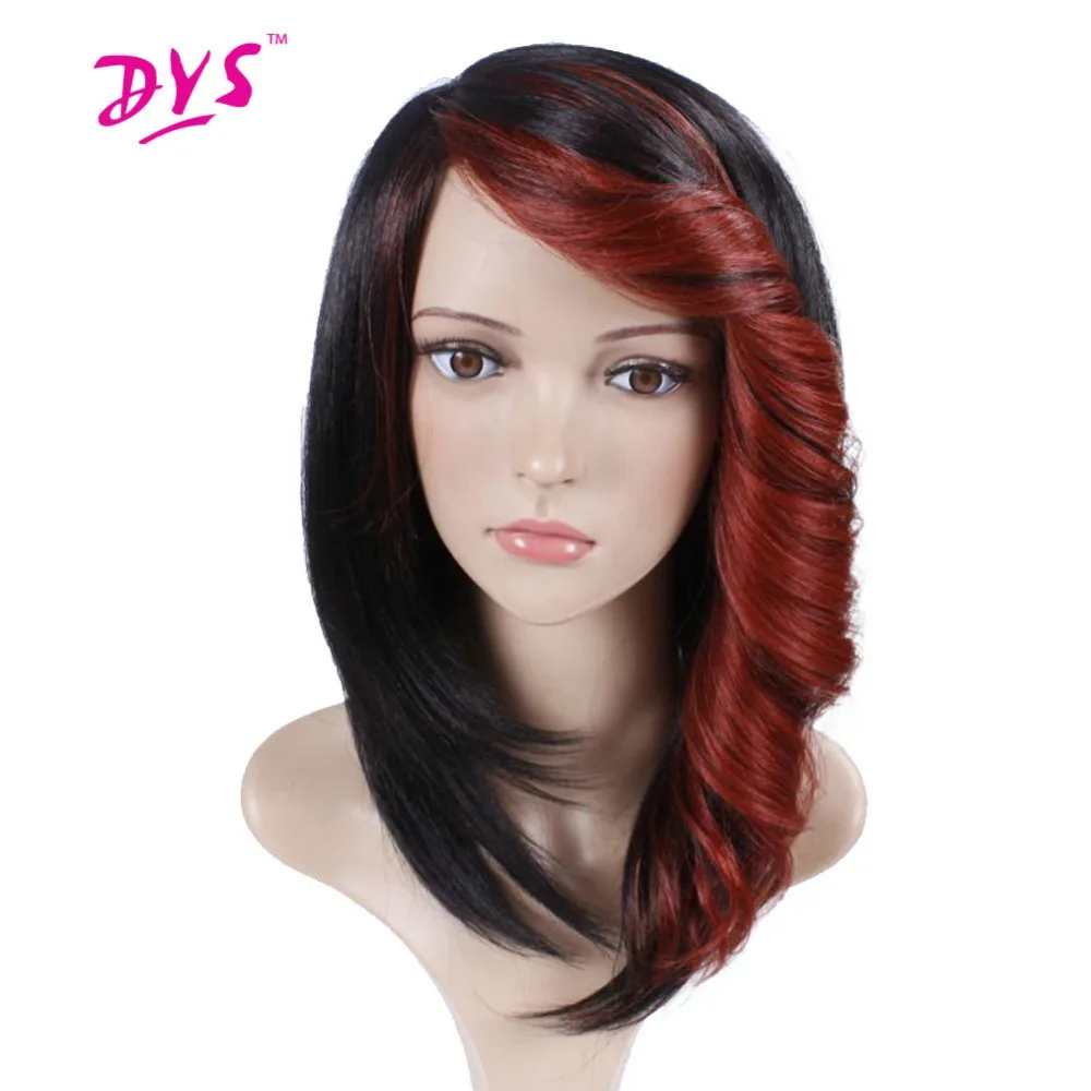 

Deyngs Short Straight Synthetic Wig For Women Natural Ombre Black To Red Color Hair With Bangs 180% Heavy Density Heat Resistant