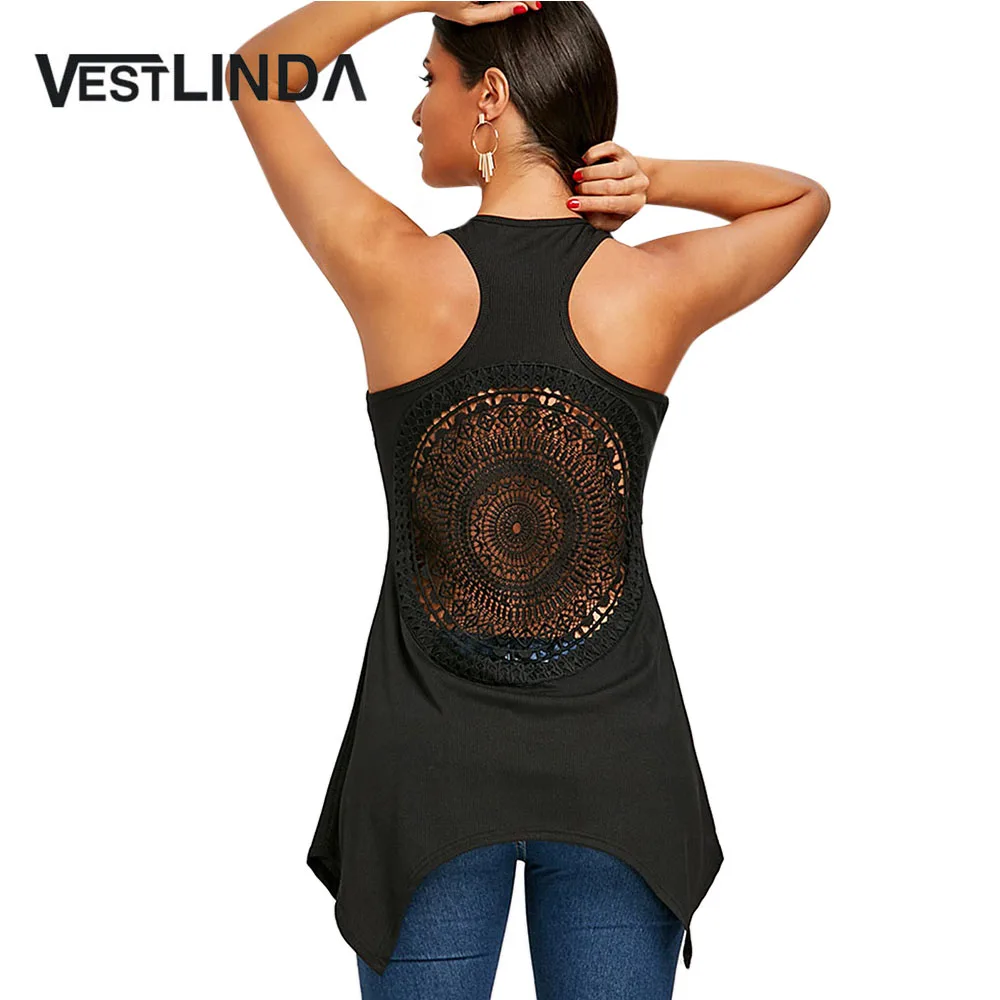 Женский кружевной топ на бретельках VESTLINDA черный длинный повседневный с вырезом