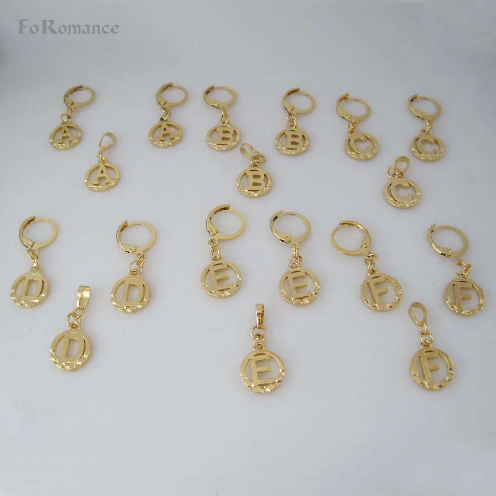 FoRomance- HIGH QUALITY GOLD GP 26 LETTERS INITIALS FROM A TO T CIRCLE STAR CARVED PENDANT 18&quot WATER WAVE NECKLACE EARRING SET |