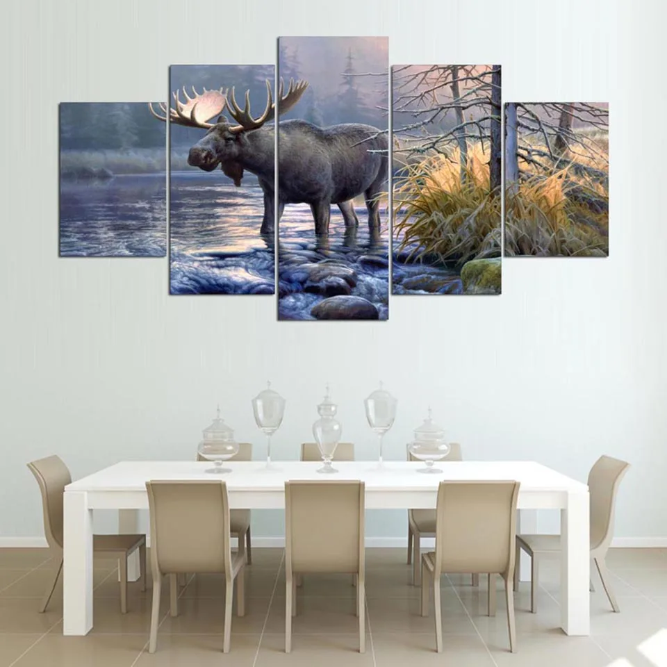 Wall Art рама холст Гостиная абстрактные 5 Панель лося животных озеро пейзаж картины