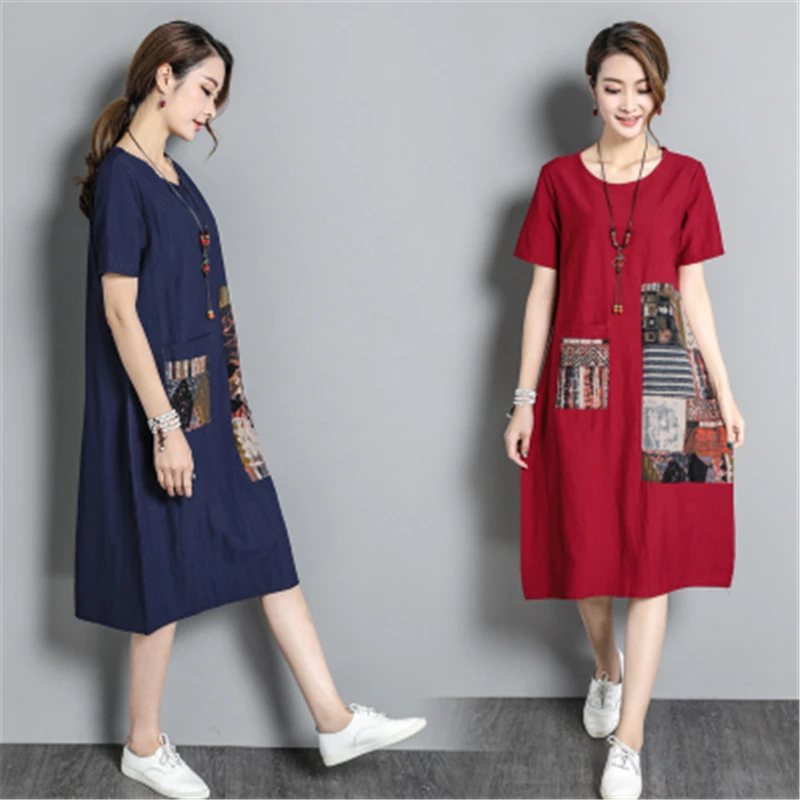 Платье женское повседневное свободное из хлопка и льна с o-образным вырезом