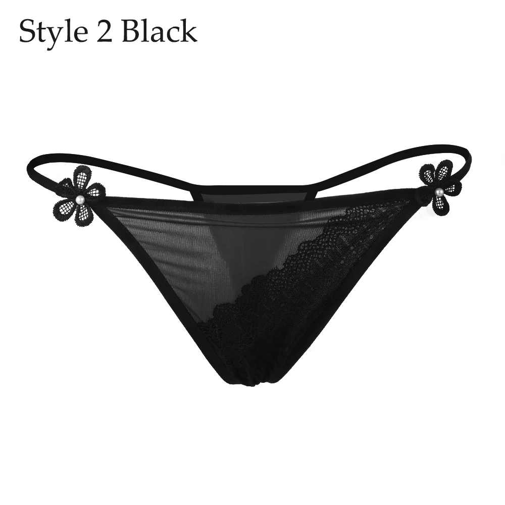 Style 2 Black Женское Эротическое белье, сексуальные кружевные трусики с цветами, трусики с низкой талией, стринги, прозрачные трусы с Т-образной спинкой, нижнее белье, стильные трусы - Цвет: Style 2 Black