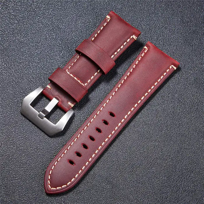 red(silver buckle) Высокое качество, винтажный ремешок Crazy Horse из натуральной кожи, красный, синий, коричневый, ремешок для часов 22 мм, 24 мм, 26 мм, браслет с твердой пряжкой - Цвет ремешка: red(silver buckle)