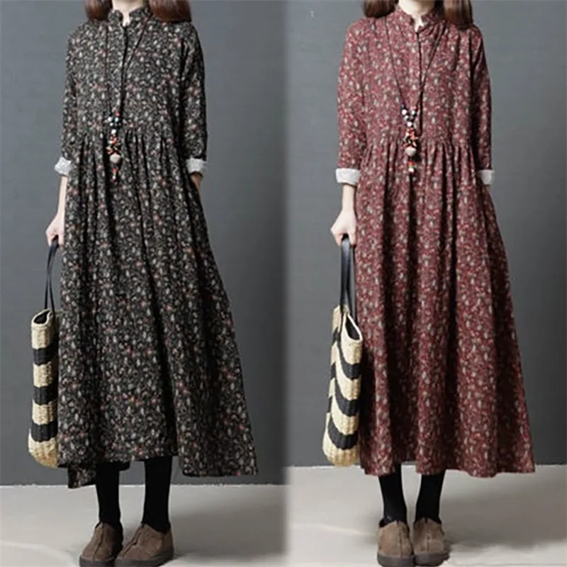 Весна Осень 2020 длинное платье с цветочным принтом и длинными рукавами винтажное