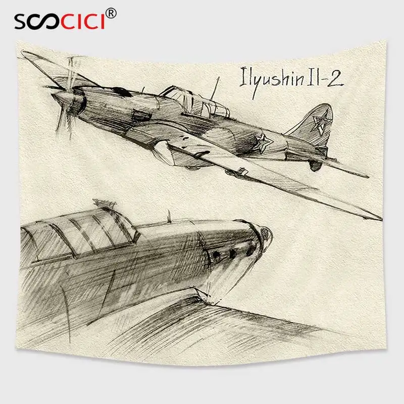 

Cutom Tapestry Wall Hanging,Airplane Decor Hand Drawn Series of Soviet Military Enginery Jets Flights World War Aviation Sketch