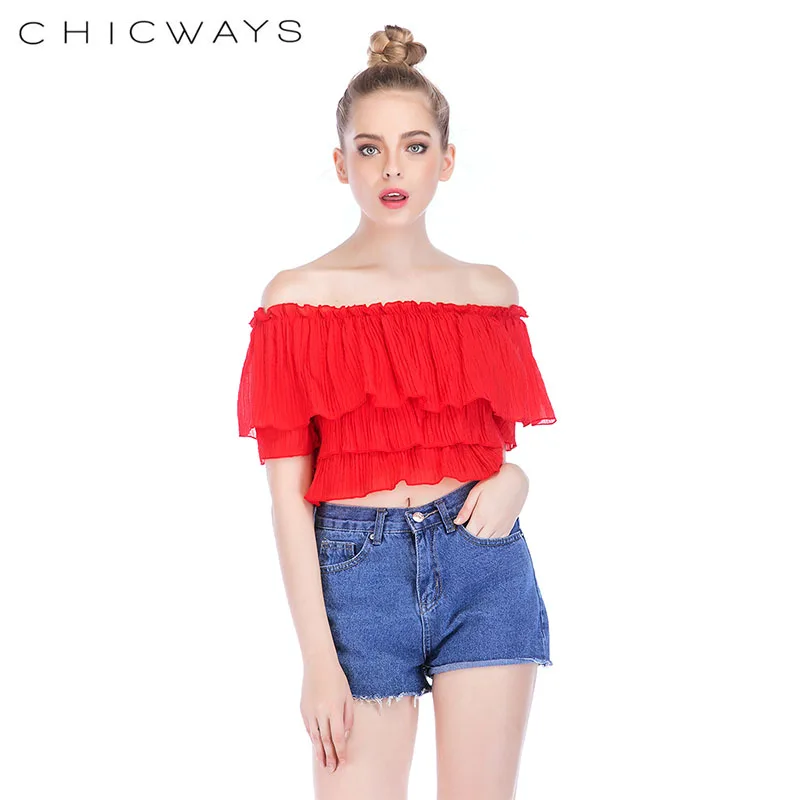 Chicways/летние женские топы с открытыми плечами укороченный топ двойными рюшами