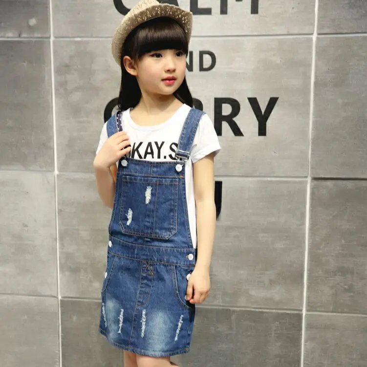 Denim fabric destory washed dresses girl suspenders belt sundress students dress fit for height 110cm to 160 cm | Детская одежда и