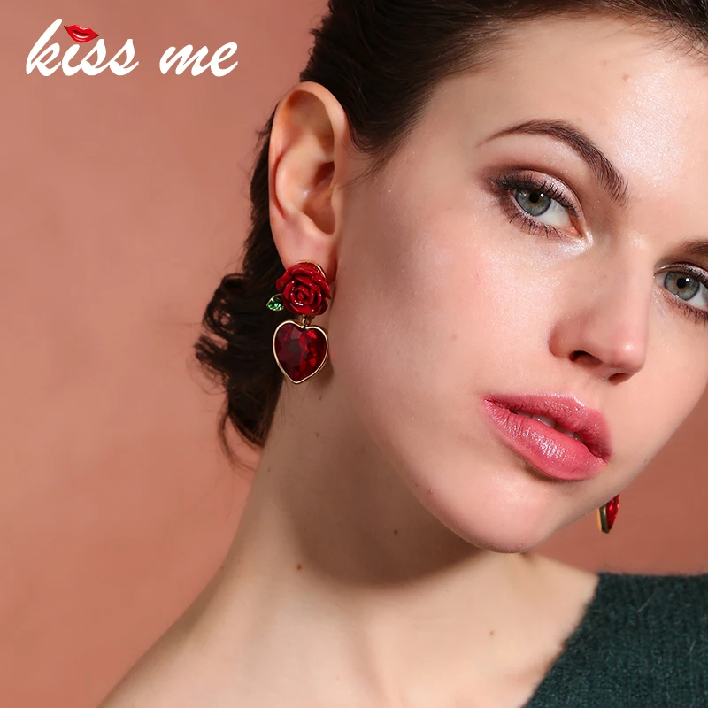 Kiss Me новые красные серьги с розовыми кристаллами сердца для девочек летнее
