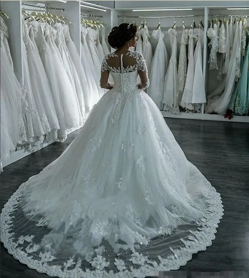 Luxury Applique Crystal Wedding Dresses With Gorgeous O Neck Long Sleeve Covered Button Back Sweep Train Bridal Gown 2017 New | Свадьбы и