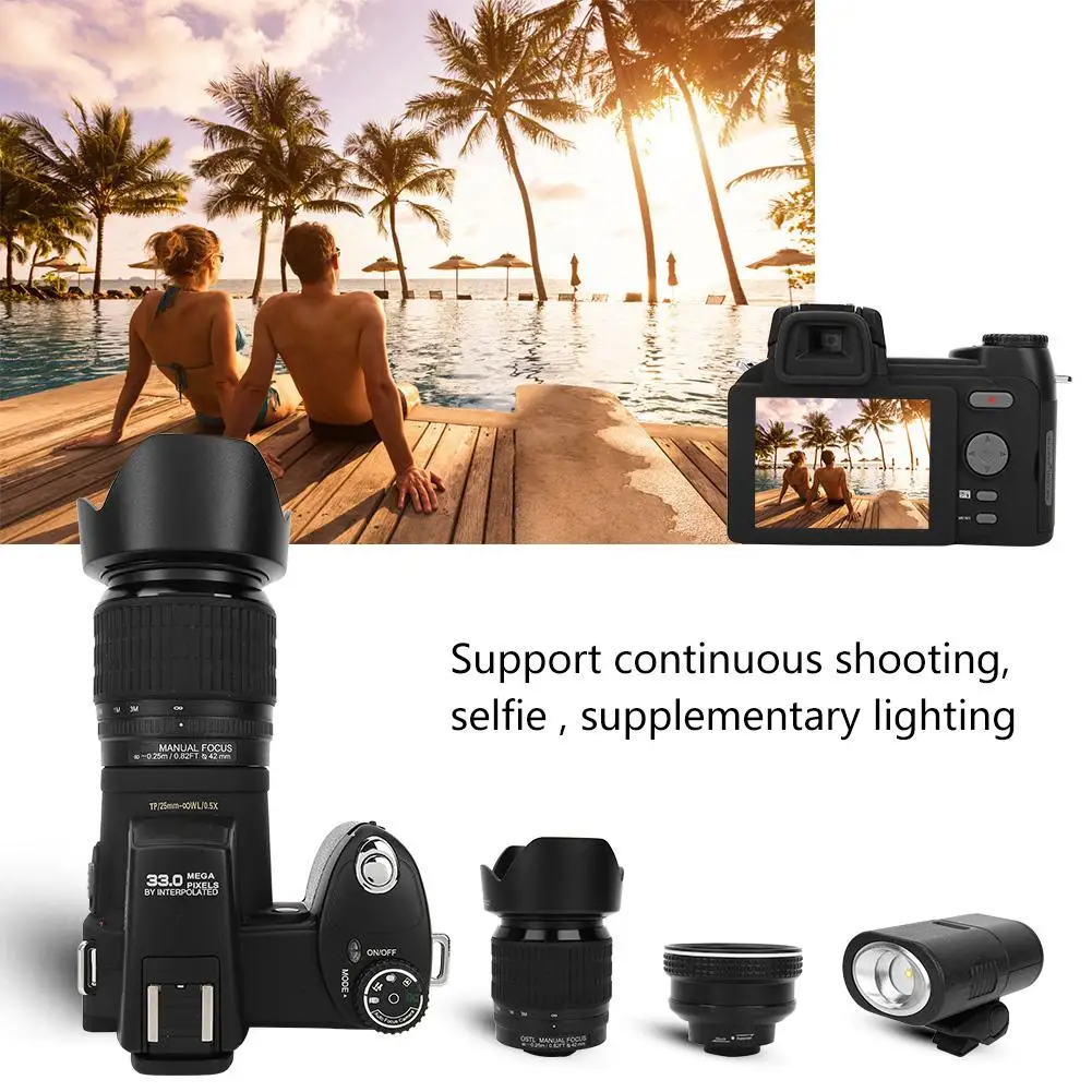 D7200 33MP HD Цифровая камера DSLR 0.5X широкоугольный объектив+ 24X телеобъектив+ светодиодный светильник Цифровая видеокамера