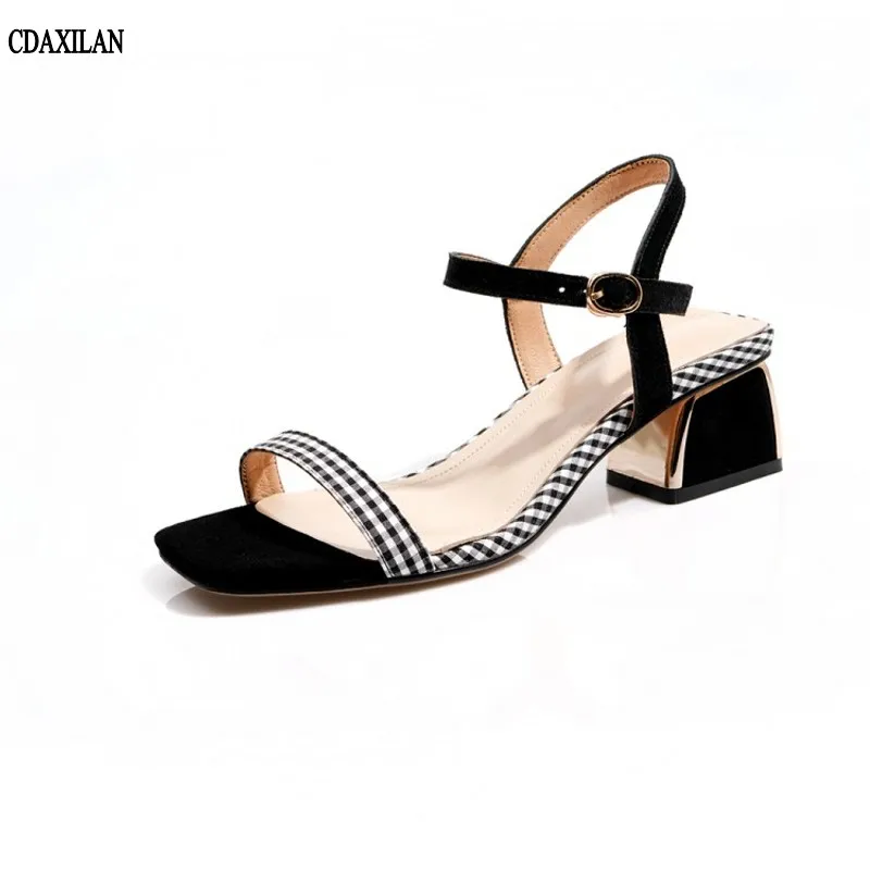 

CDAXILAN new arrival sandals women girl summer genuine leather casual shoes cow suede high heel square heels buckle-strap sandal