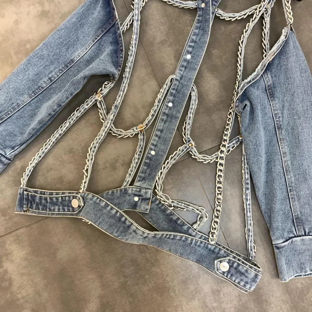 Женская джинсовая куртка с цепочками Модная Джинсовая вырезами 2020|Женские