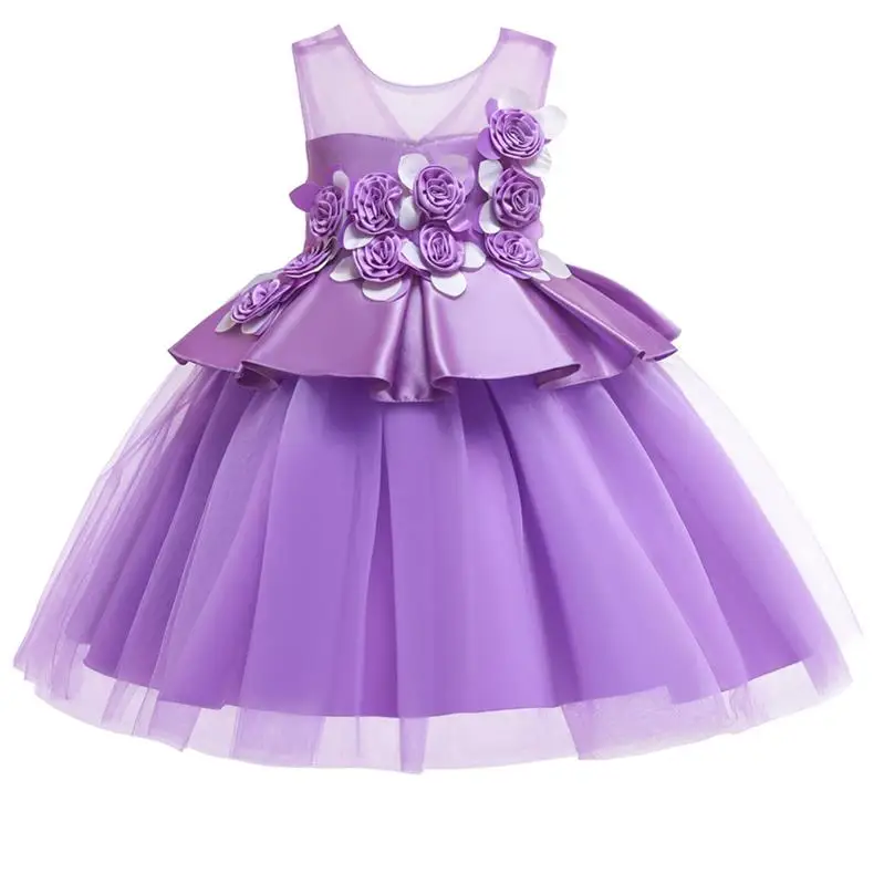 purple Детская одежда с аппликацией розы; Платья с цветочным узором для девочек на свадьбу; бальное платье; одежда для первого причастия; платье принцессы; костюм для малышей - Цвет: purple