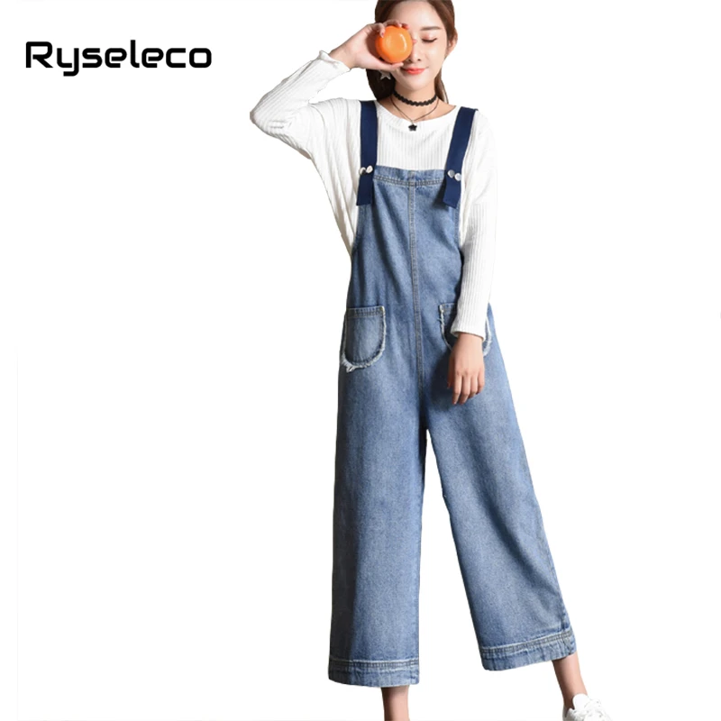 

2018 Autumn Casual Women Denim Jumpsuits Brief Ankle-Length Pants Students Fashion Wide Leg Pants Solid Overalls Jeans Rompers