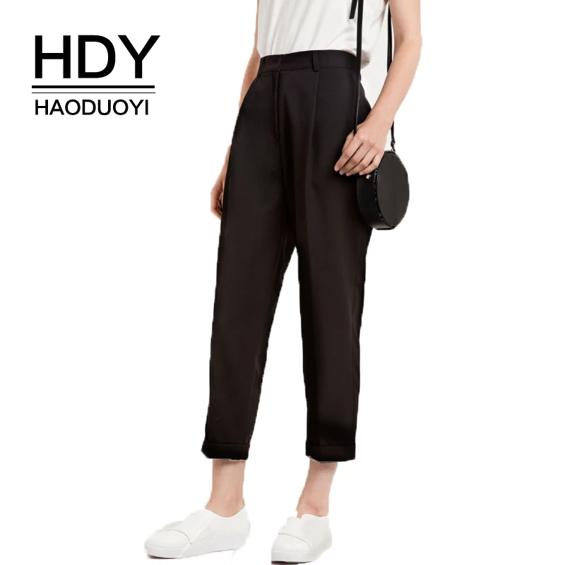 HDY Haoduoyi Fashion Black Women Casual Ankle Length Pants Female High Waist Peg Trousers Wide Legs Lady Loose Bottoms|wide leg|pants femalepeg