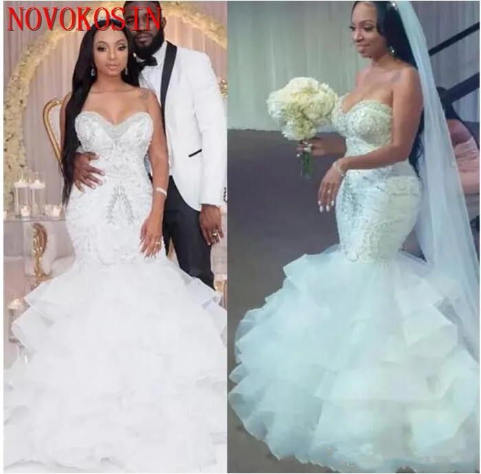 Sexy Mermaid Wedding Dresses With Beads Sequins Layered Organza Skirt Plus Size Count Train Shinning Zipper Back Bridal Gown | Свадьбы и
