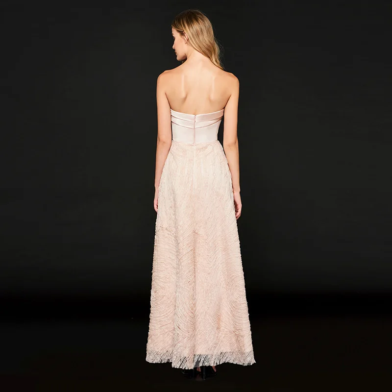 Tanpell без бретелек платья выпускного вечера Розовое Кружевное рукавов длиной до