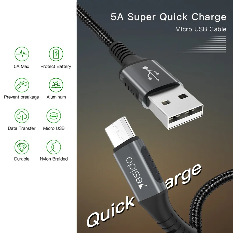 Yesido CA36 5A быстрое зарядное устройство Micro USB кабель для Xiaomi Redmi Huawei Samsung Быстрая