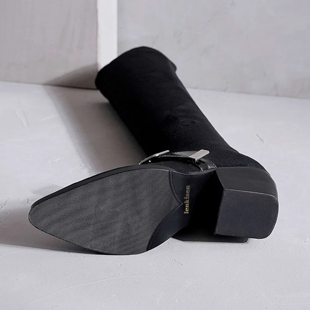 

High fashion black color round toe buckle sexy girls high heels luxury concise brand thigh high stretch over-the-knee boots L58