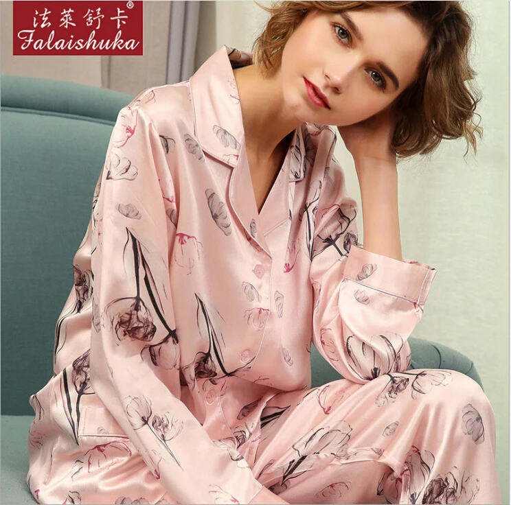 100% Silk Stain Pajama Sets  Long Sleeve Flower Print 2019 Women Pink Silk Sleepwear Two Piece Pants Sets  Homewear Clothing 2XL