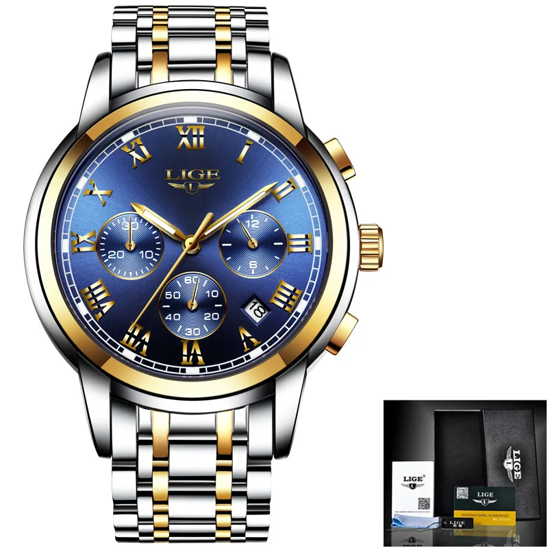 Reloj Hombre LIGE Брендовые мужские часы Топ Мода Хронограф Мужские спортивные часы водонепроницаемые кварцевые часы для мужчин+ коробка - Цвет: Gold blue S