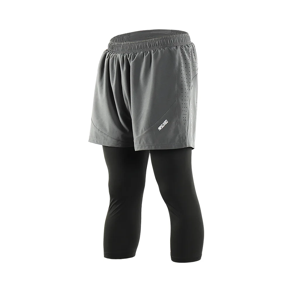 gray n black EU size ARSUXEO мужские шорты для бега 3/4 компрессионные колготки тренировочные шорты для занятий йогой брюки быстросохнущие дышащие эластичные пояс - Цвет: gray n black EU size